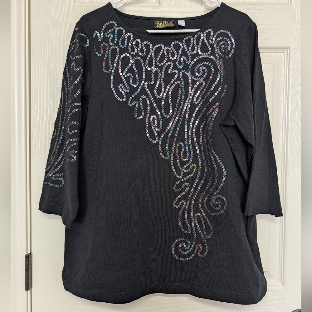 Vintage Bob Mackie Wearable Art Navy Sequin Shirt Womens Large 3/4 Sleeve Classy